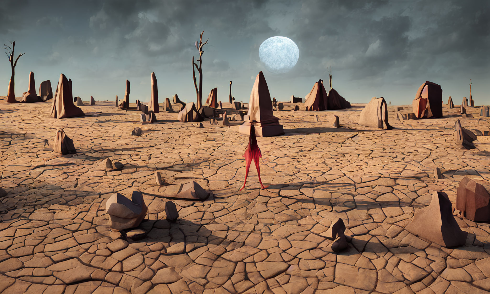 Desolate surreal landscape with cracked earth and person in red cloak