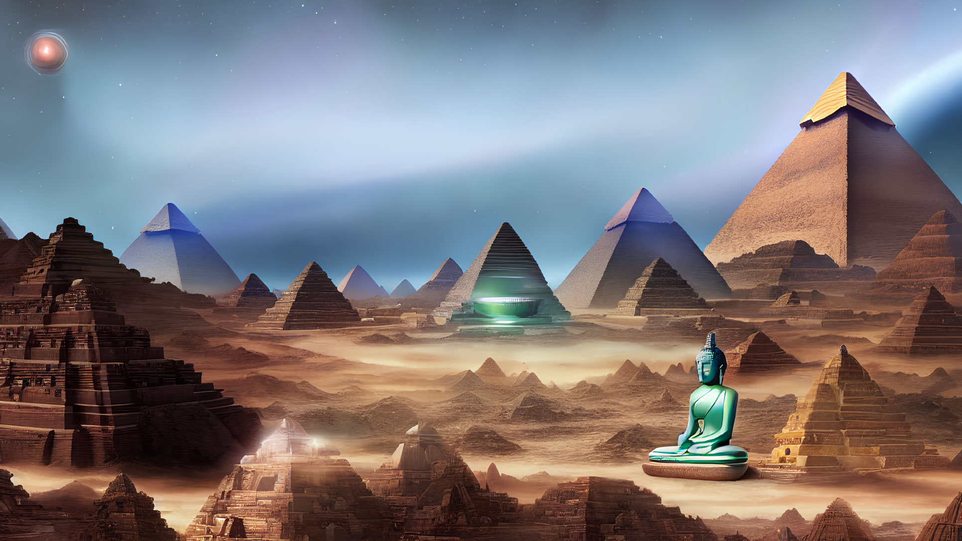 Futuristic landscape with pyramids, green Sphinx, and hovering structure