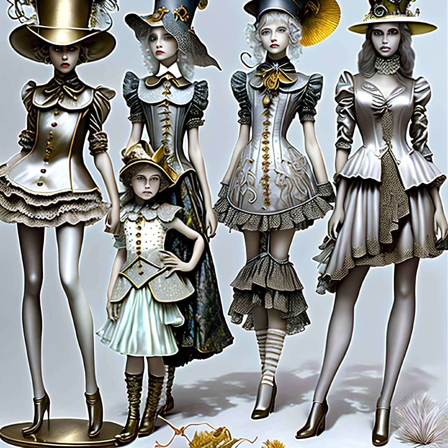 Five Victorian-inspired steampunk female figures in elaborate outfits posed against grey background