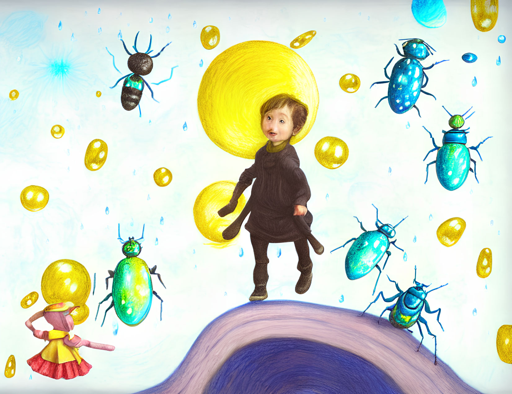 Colorful Bugs and Child in Black Outfit Illustration with Magical Backdrop