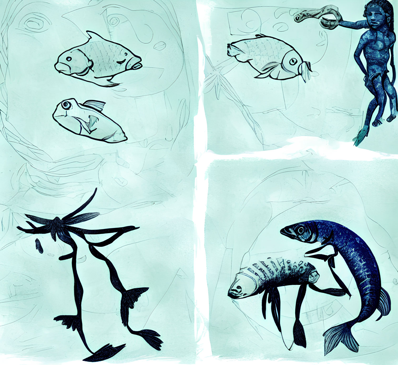 Sketched fish and mermaid on blue background.