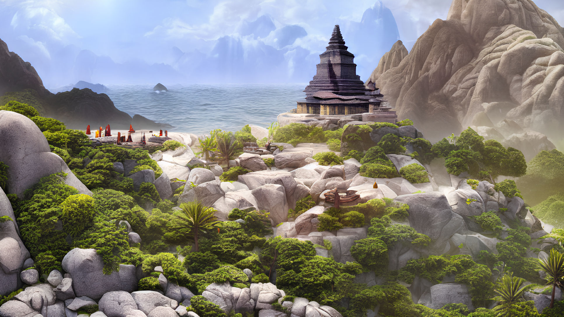 Traditional temple in rocky landscape with greenery and mountains under hazy sky