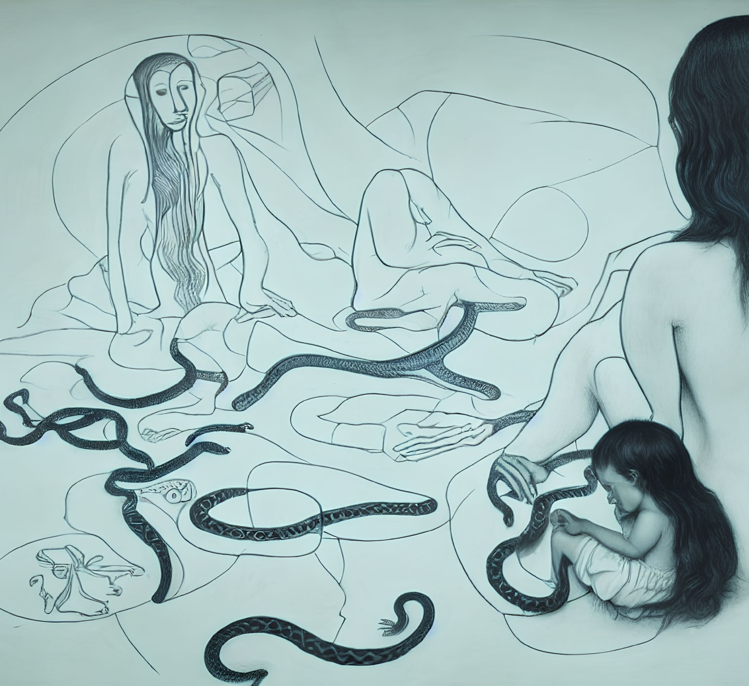 Surreal monochrome artwork: elongated figures with serpentine creatures