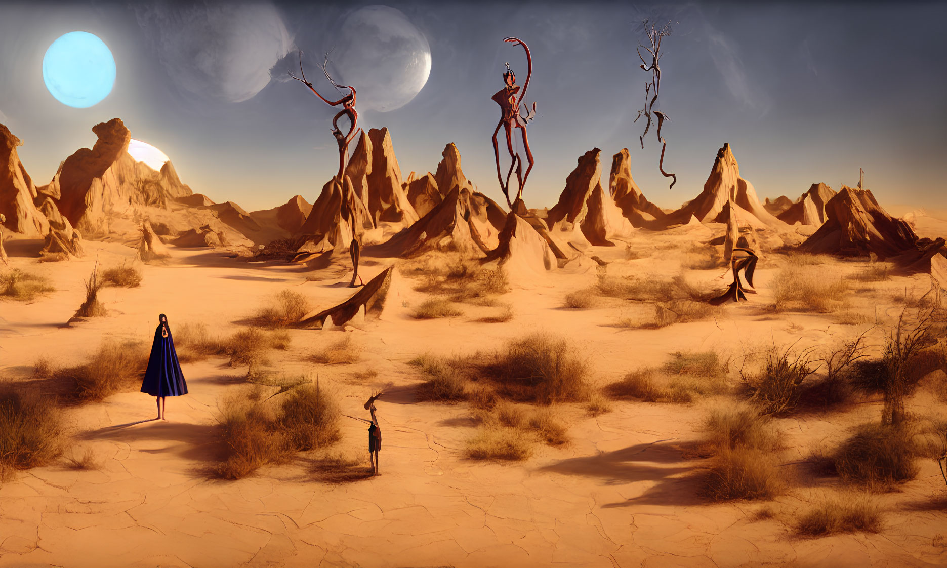 Surreal desert landscape with blue moon, person in cloak, and fantastical creatures among rock formations