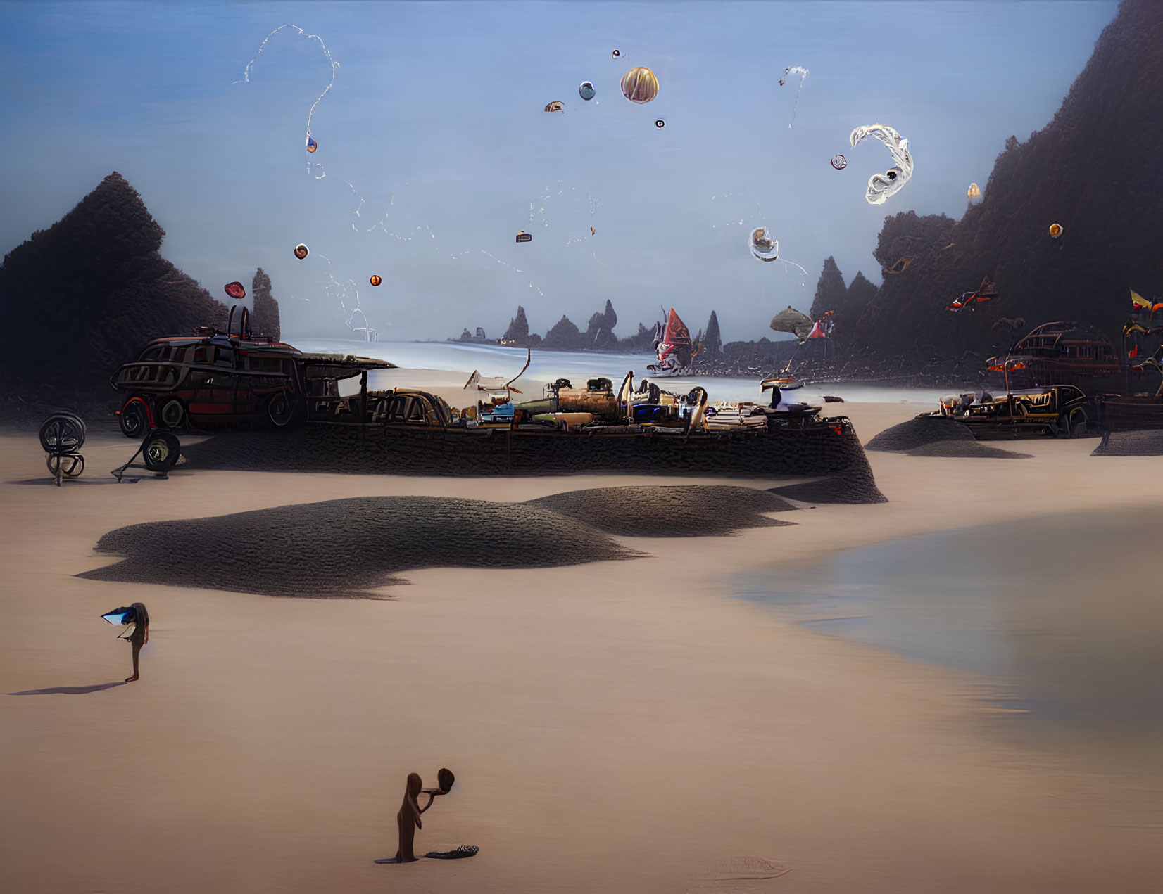 Surreal beach scene with vehicles, surfboarder, parachutes, and floating objects