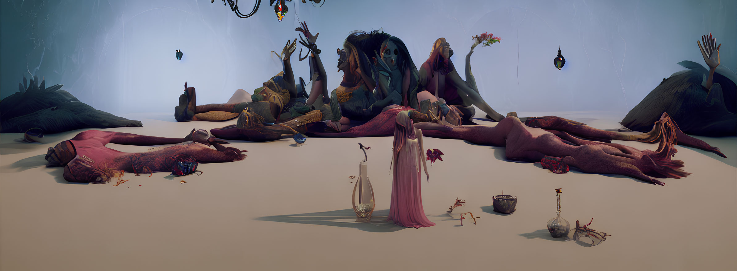 Surreal desert panorama with elongated humanoid figures and odd artifacts