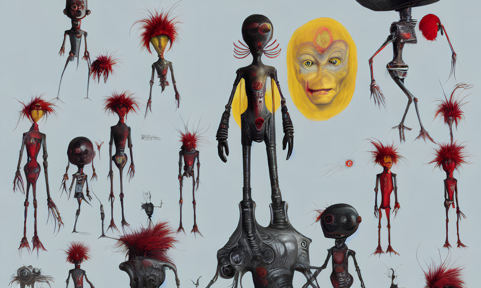 Abstract surrealistic art featuring humanoid creatures and yellow-faced figure on grey backdrop