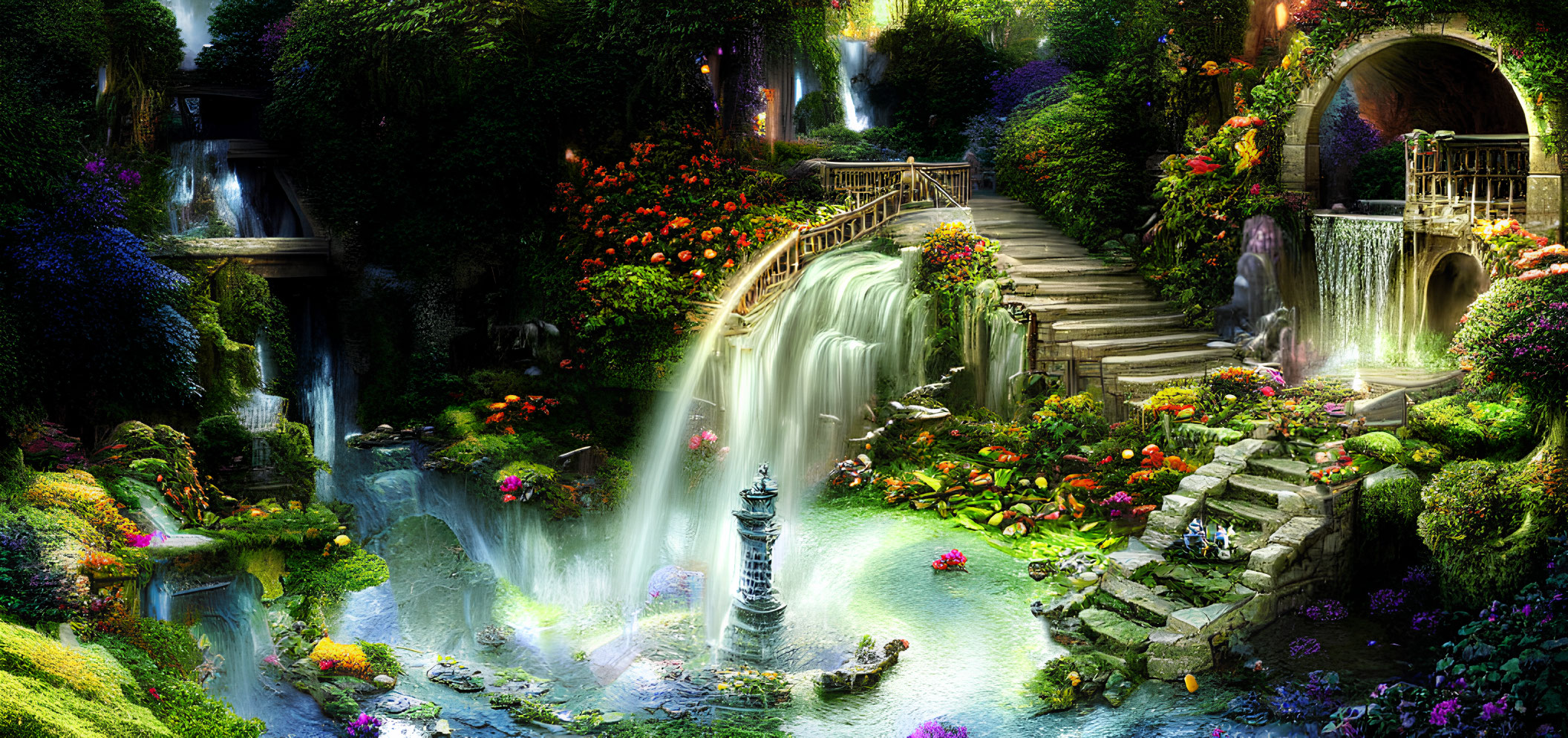 Lush Garden with Flowers, Waterfalls, Fountain, and Stone Staircase