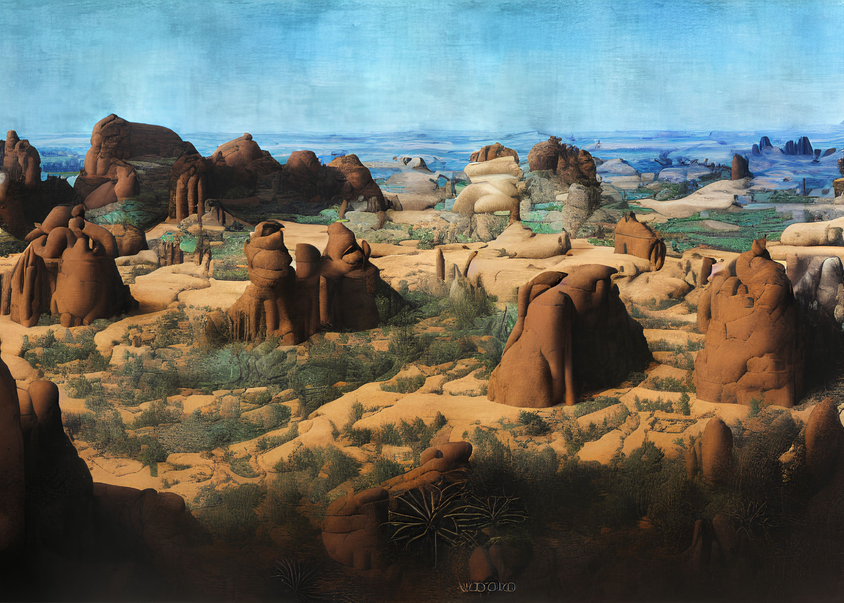 Panoramic desert landscape with rocky formations and clear blue sky