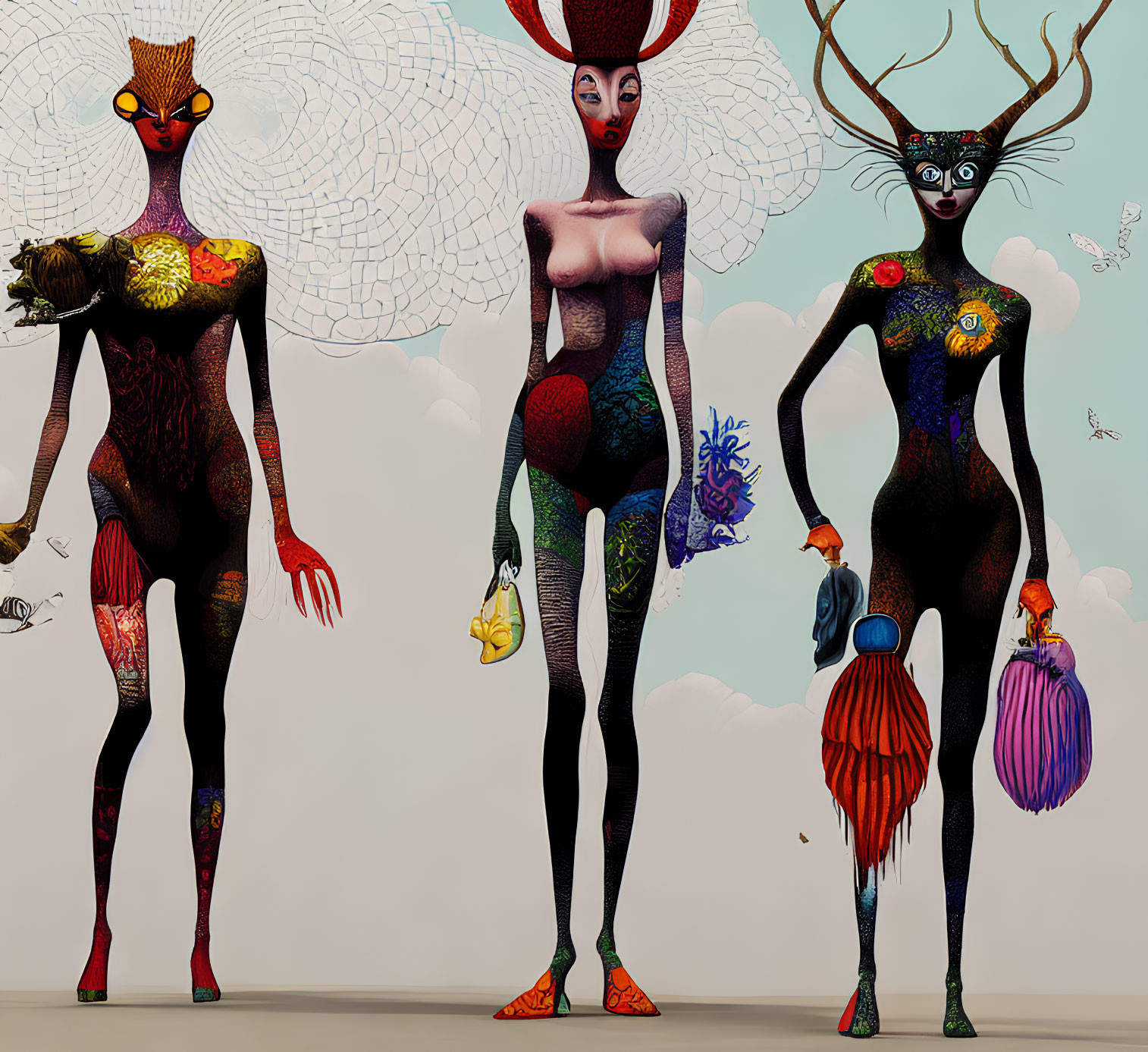 Stylized female figures with vibrant body art and unique headgear