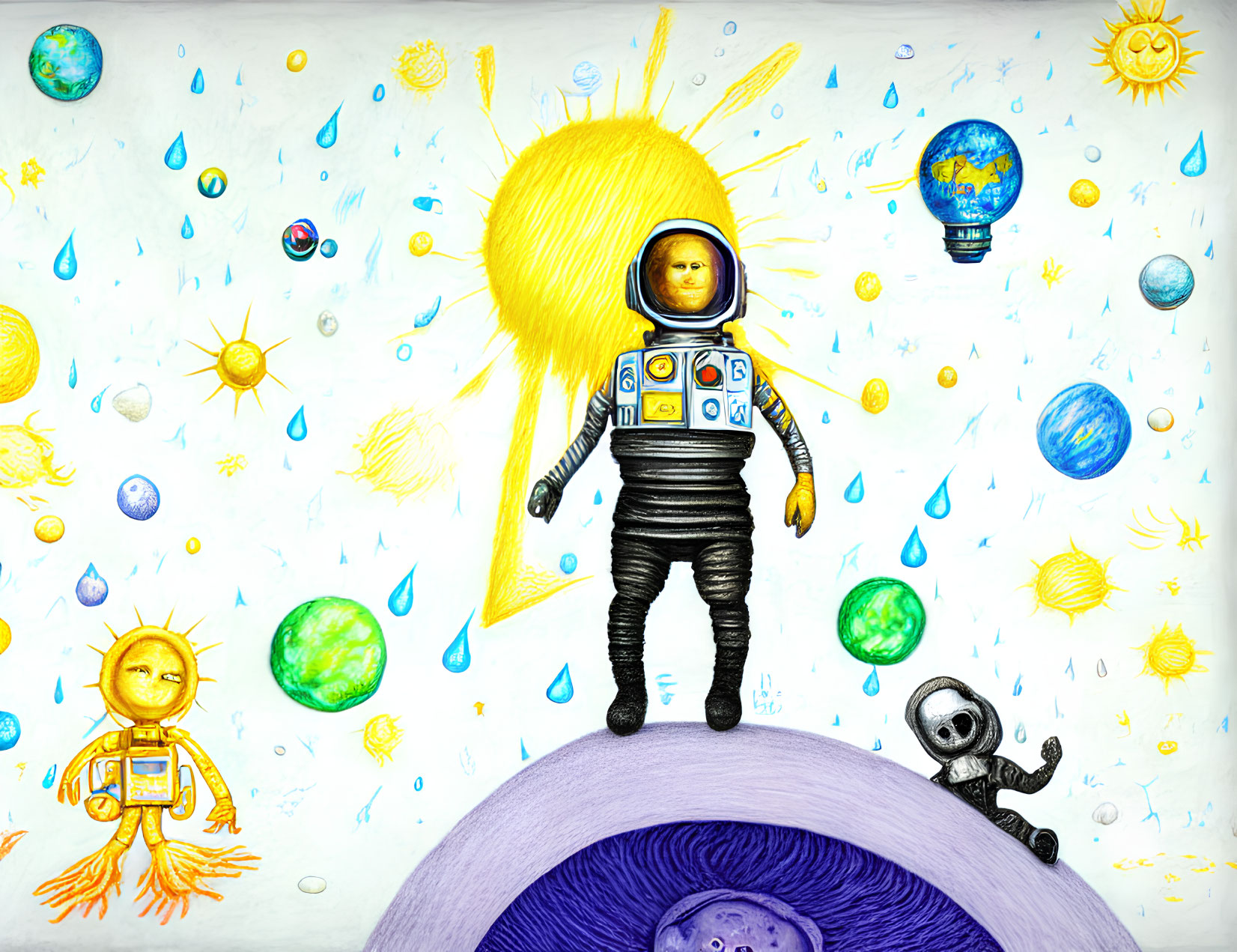 Astronaut surrounded by colorful space-themed drawings