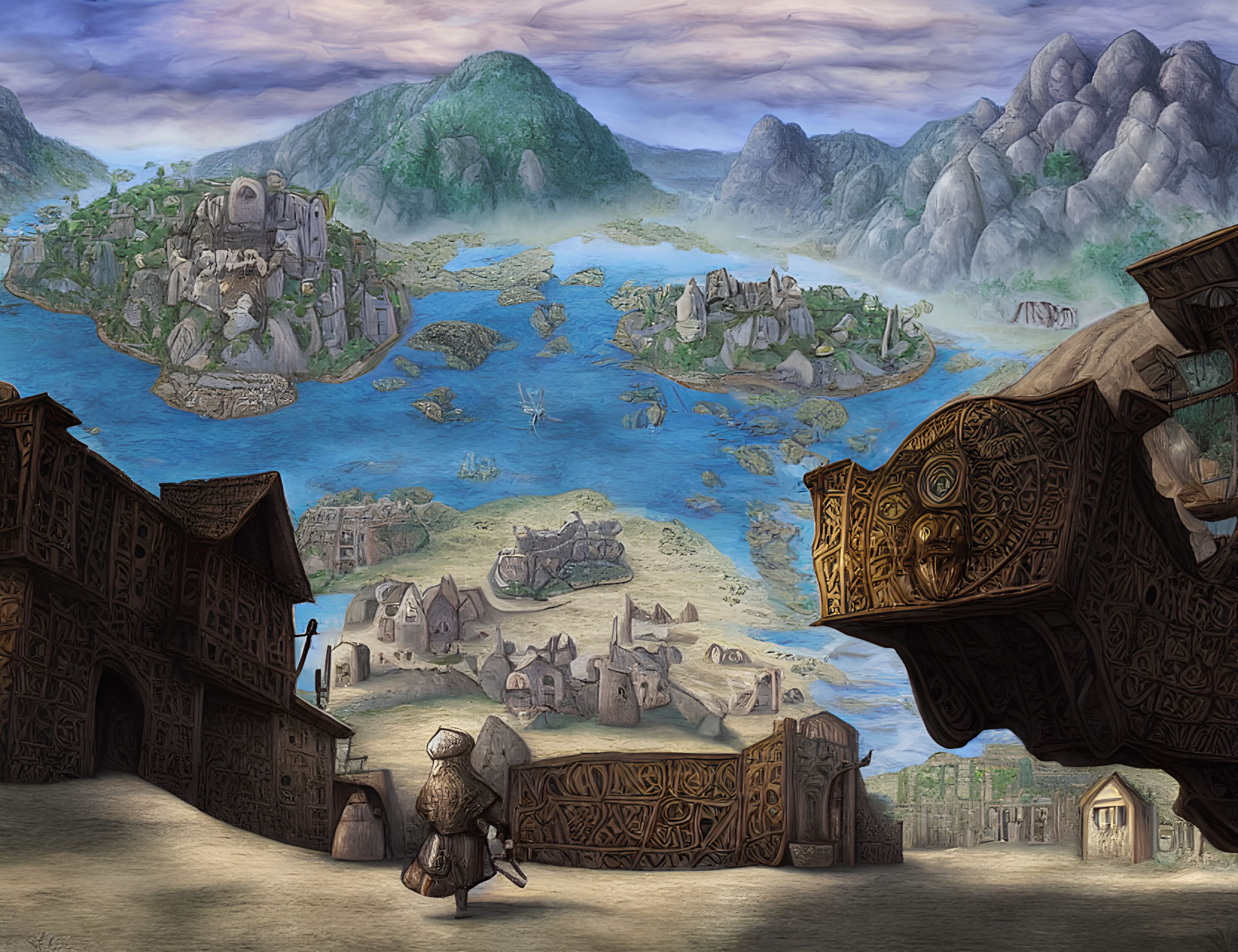 Medieval town by the sea with mountains, islands, and cloaked figure