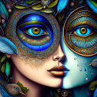 Detailed Woman Portrait with Peacock Masquerade Mask and Blue Birds