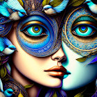 Digital Artwork: Surreal Female Face with Peacock Feather Motifs