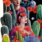 Vibrant cacti and blue-haired women under whimsical night sky