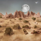 Desert landscape with rocky formations, greenery, paths, and oversized moon.