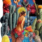 Surreal artwork: Two female figures with plant features, cacti, parrot, star