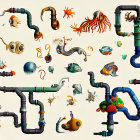 Surreal marine life, pipes, and architecture on parchment background