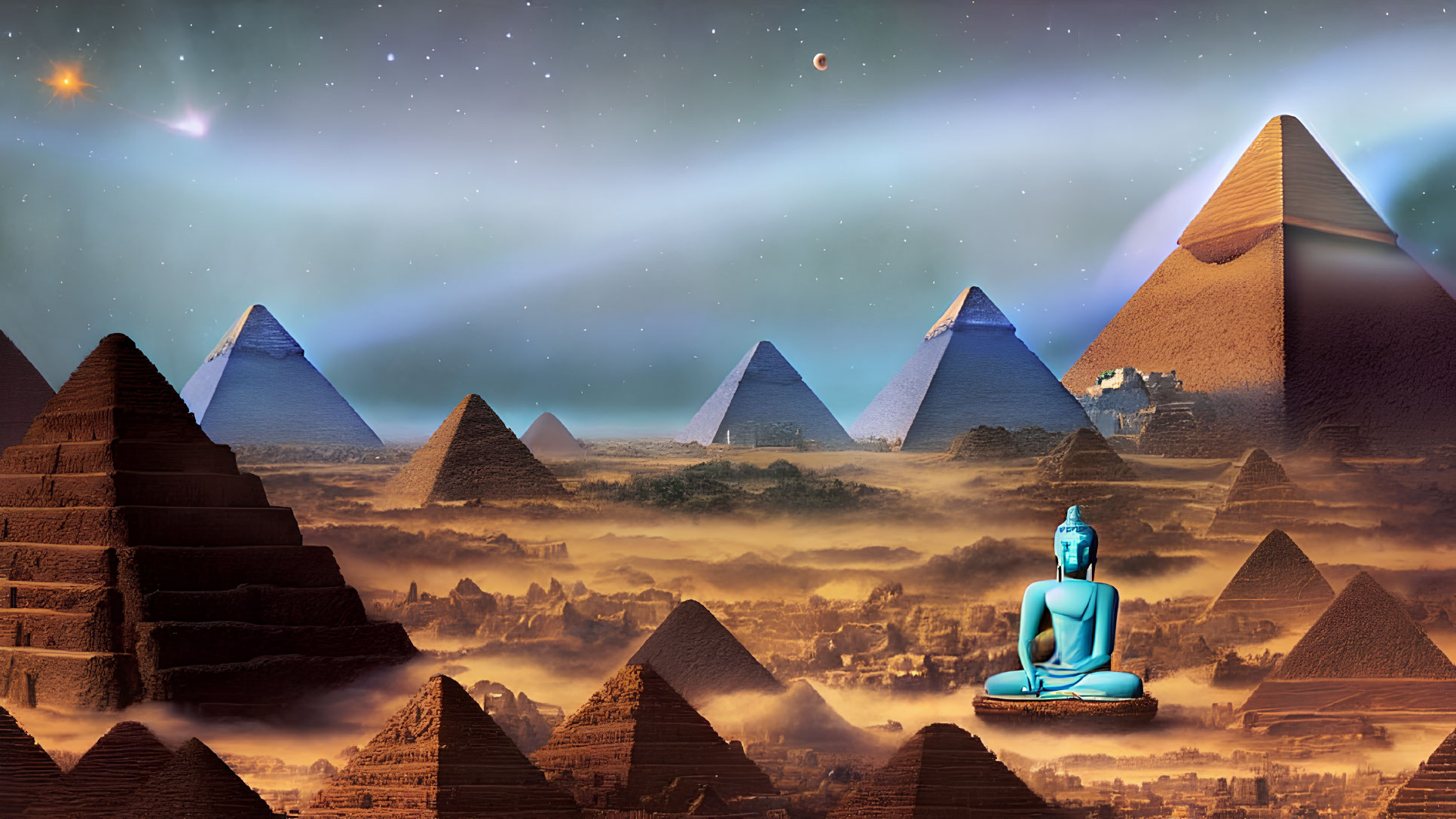 Surreal landscape with pyramids and meditating figure under starry sky