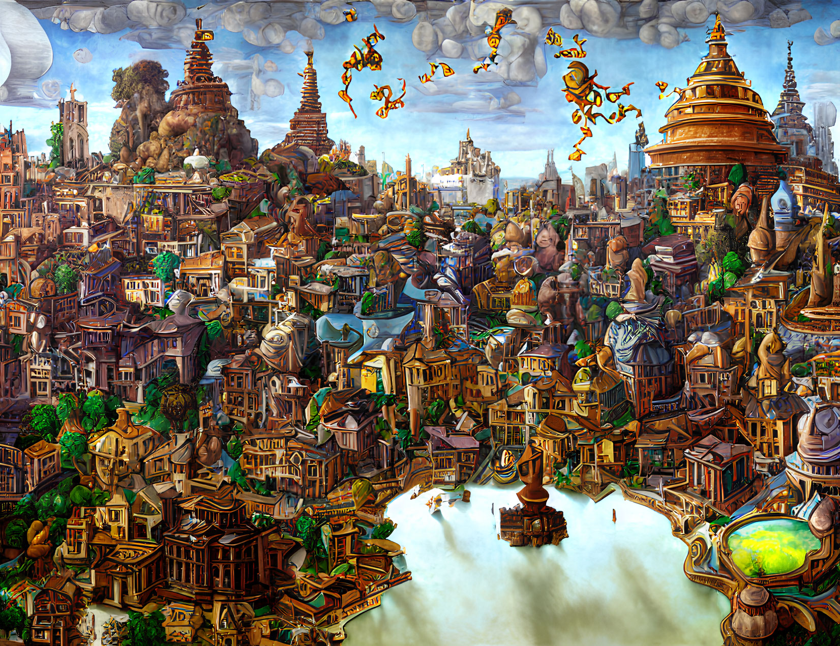 Whimsical cityscape with diverse architecture and flying monkeys.