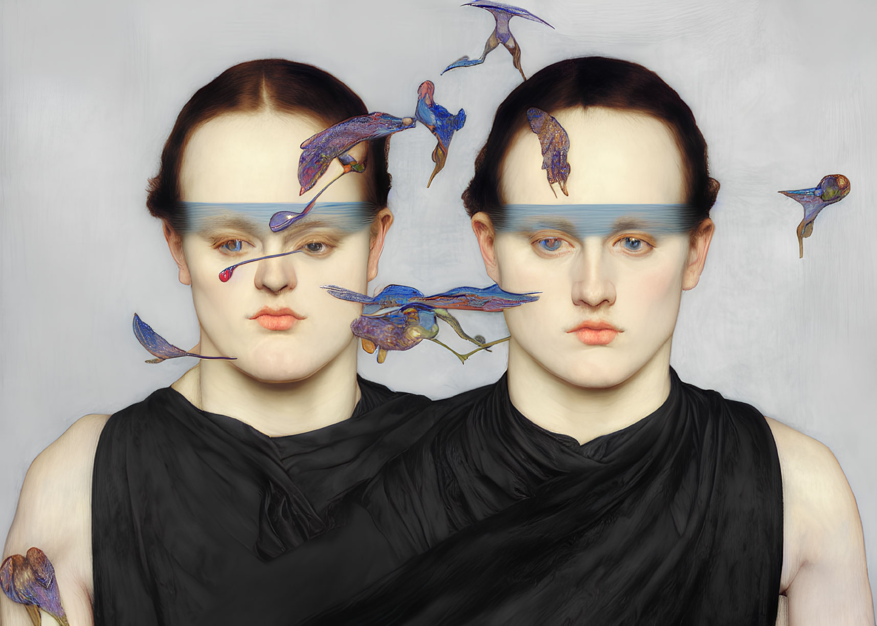 Twins in Shared Garment with Blue Bird Silhouettes on Pale Background