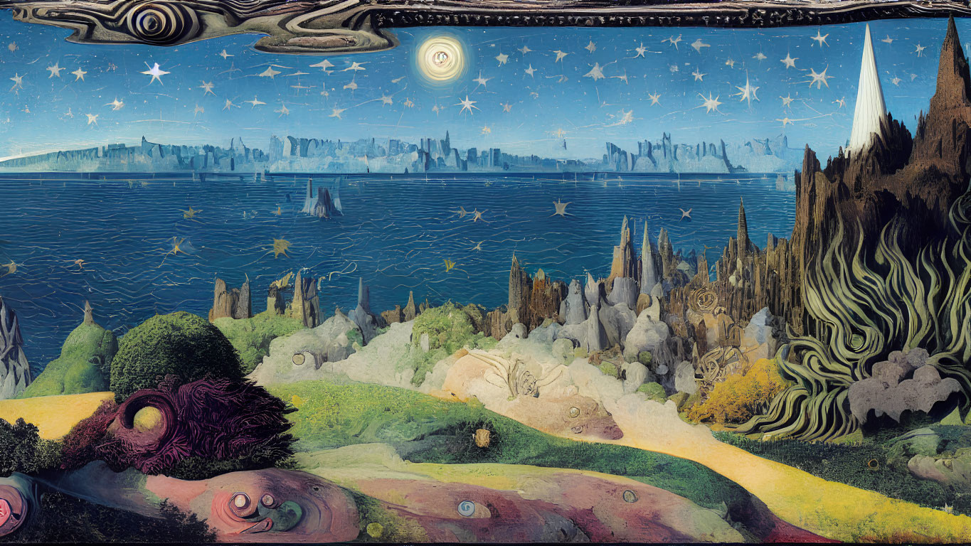 Surreal landscape painting: city skyline, starry night sky, whimsical terrains, vibrant