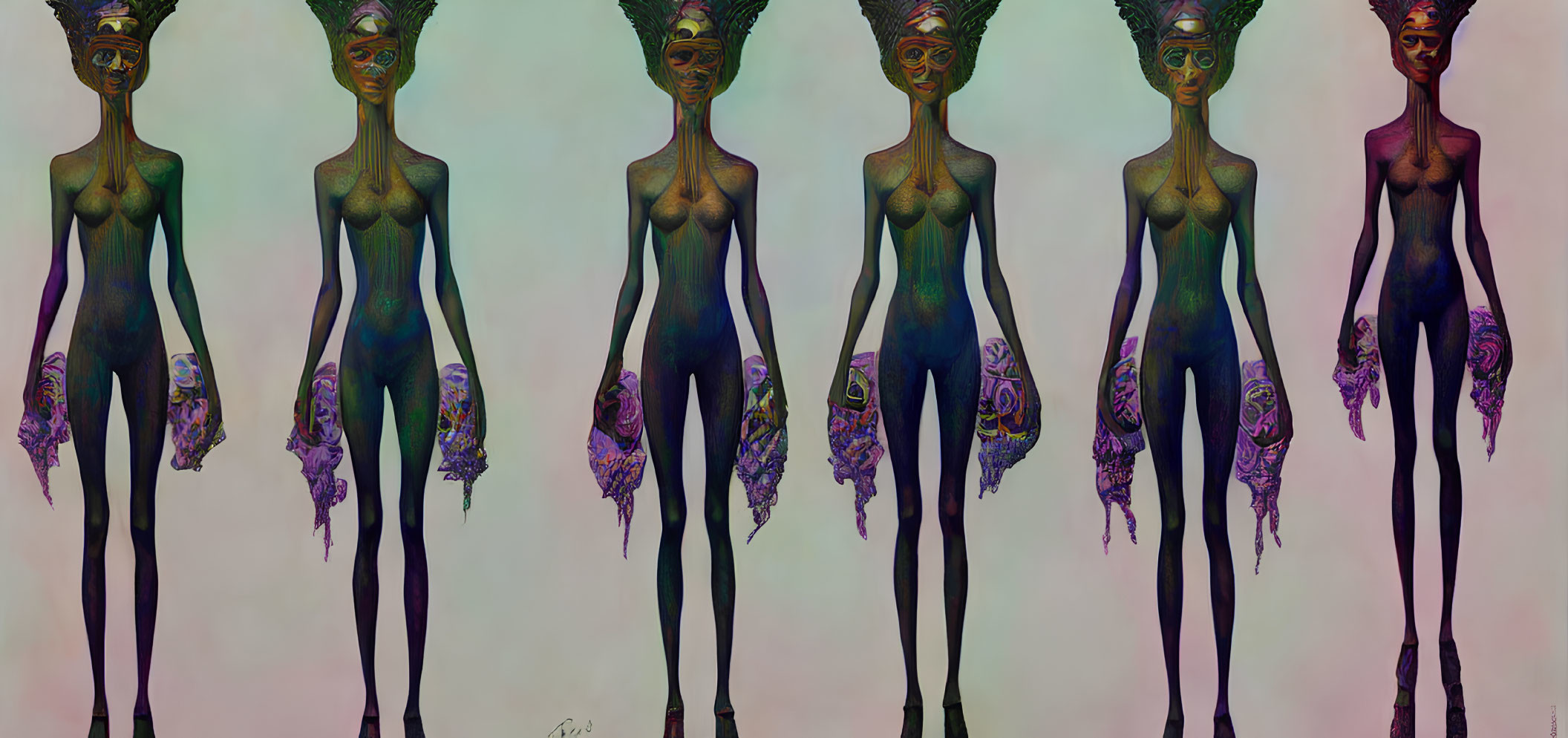 Five elongated figures with patterned skin and headdresses standing on gradient background