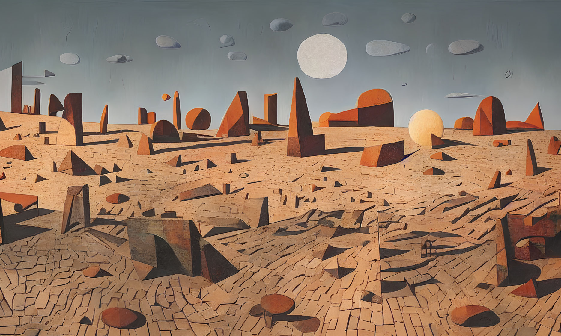 Surreal desert landscape with geometric shapes and floating orbs