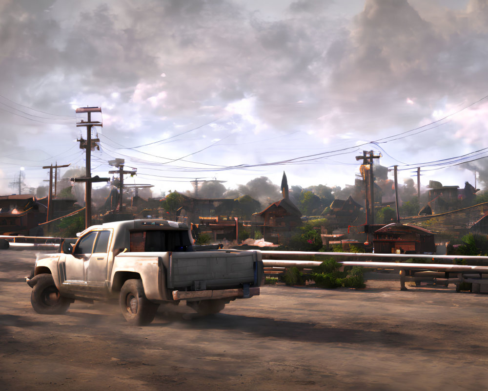 Traditional village scene with white pickup truck and hazy sky