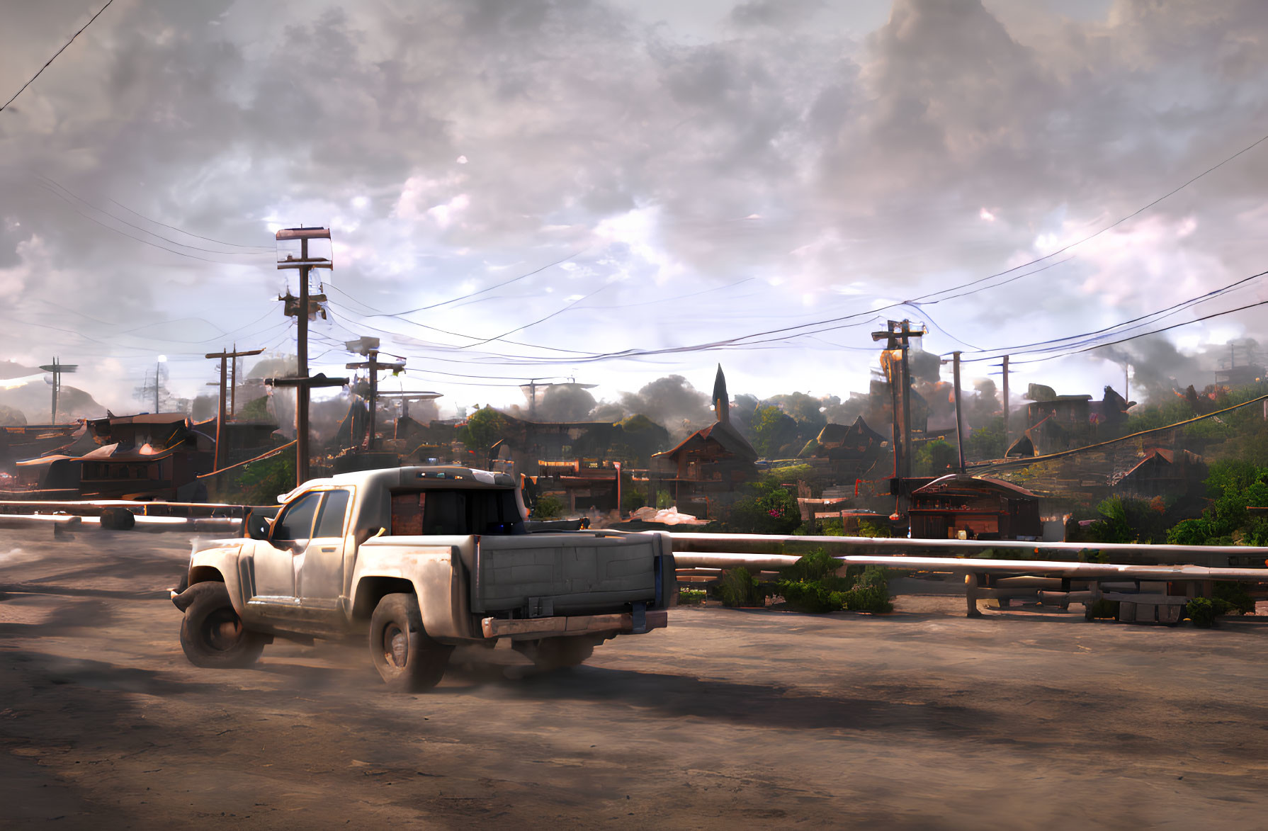 Traditional village scene with white pickup truck and hazy sky