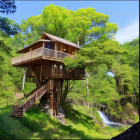 Whimsical treehouse with balcony in lush forest near traditional cabin