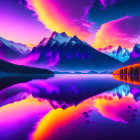 Serene mountain lake at sunset with purple and pink skies