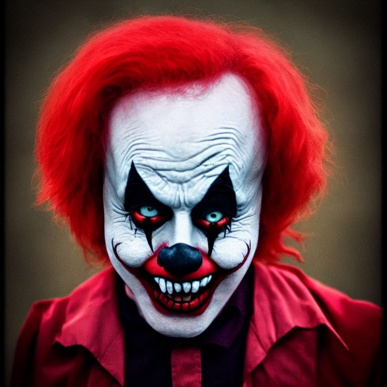 Clown makeup with red hair, white face, sharp teeth, red nose, dark red suit