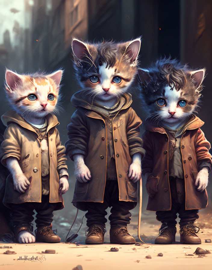 Anthropomorphic kittens in trench coats and scarves on city street.