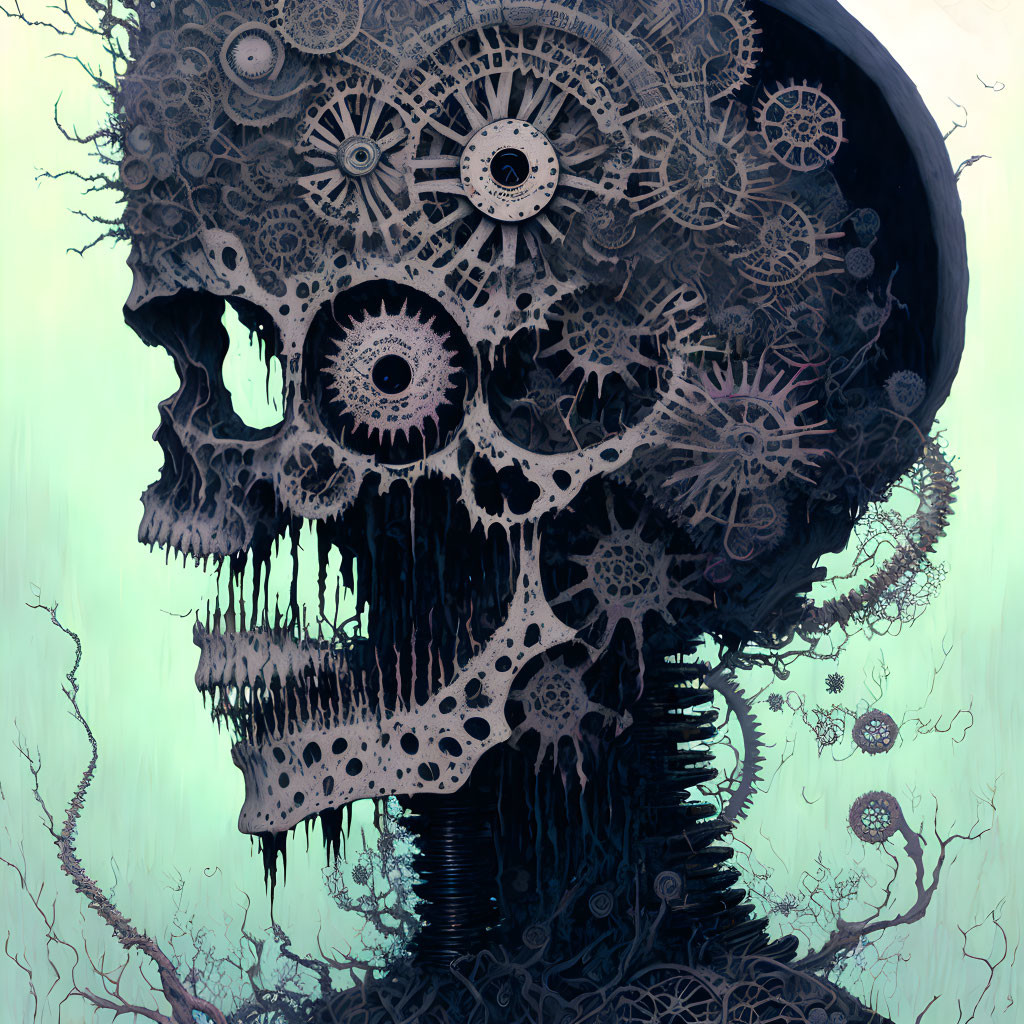 Skull with mechanical gears and eerie tree-like backdrop