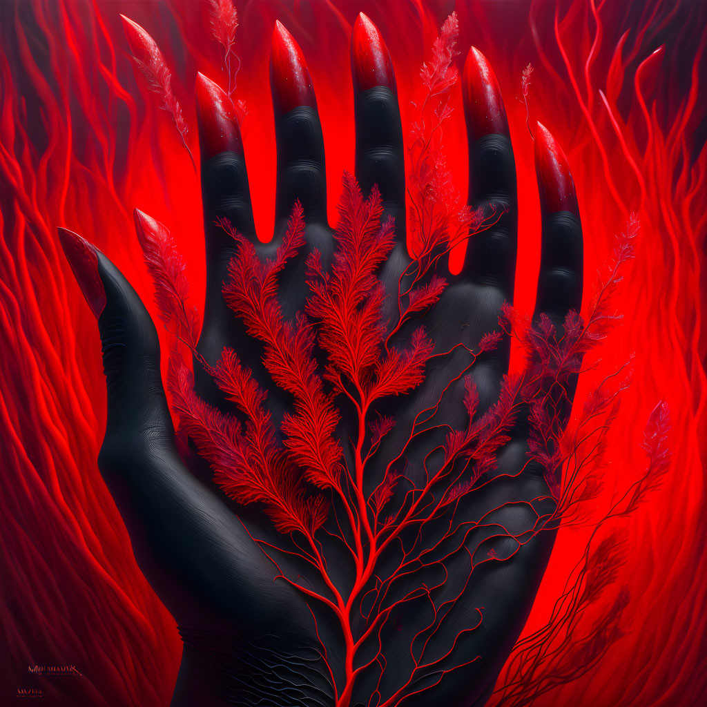 Artistic representation of black gloved hand with red paint on vibrant red background