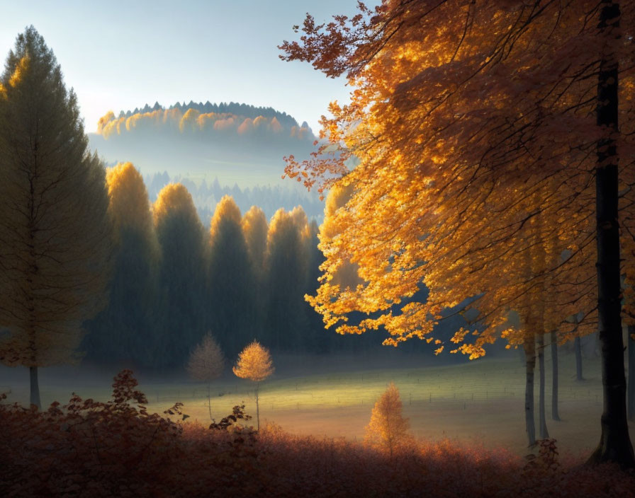 Tranquil forest landscape with golden autumn leaves and misty atmosphere