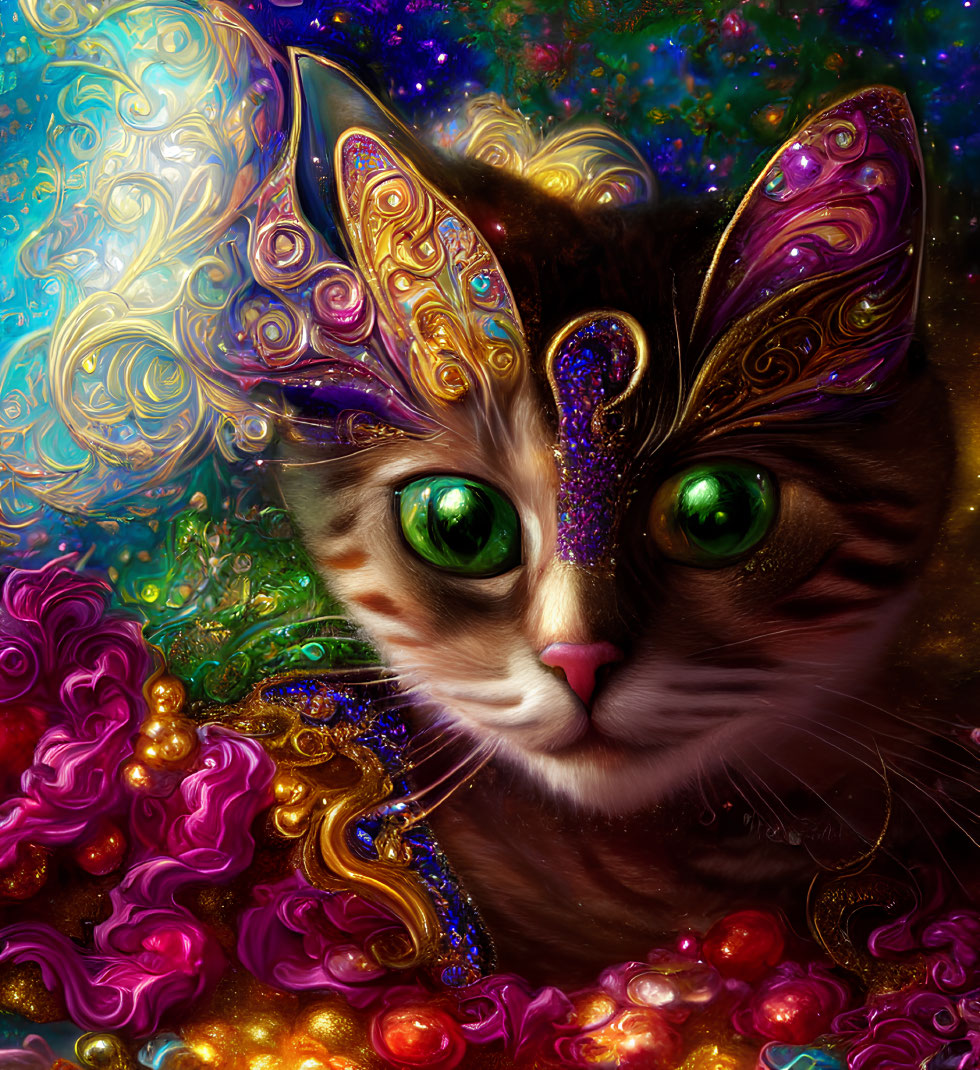 Colorful mystical cat art with intricate patterns and cosmic backdrop