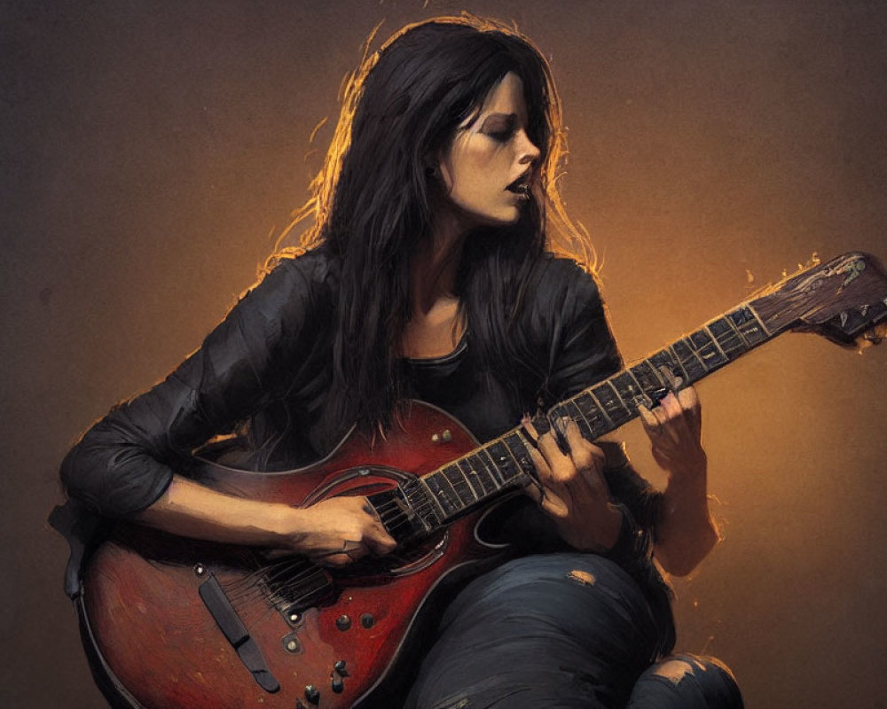 Digital painting of woman playing red electric guitar against warm, dark backdrop