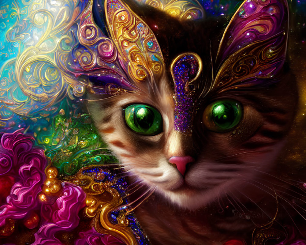 Colorful mystical cat art with intricate patterns and cosmic backdrop