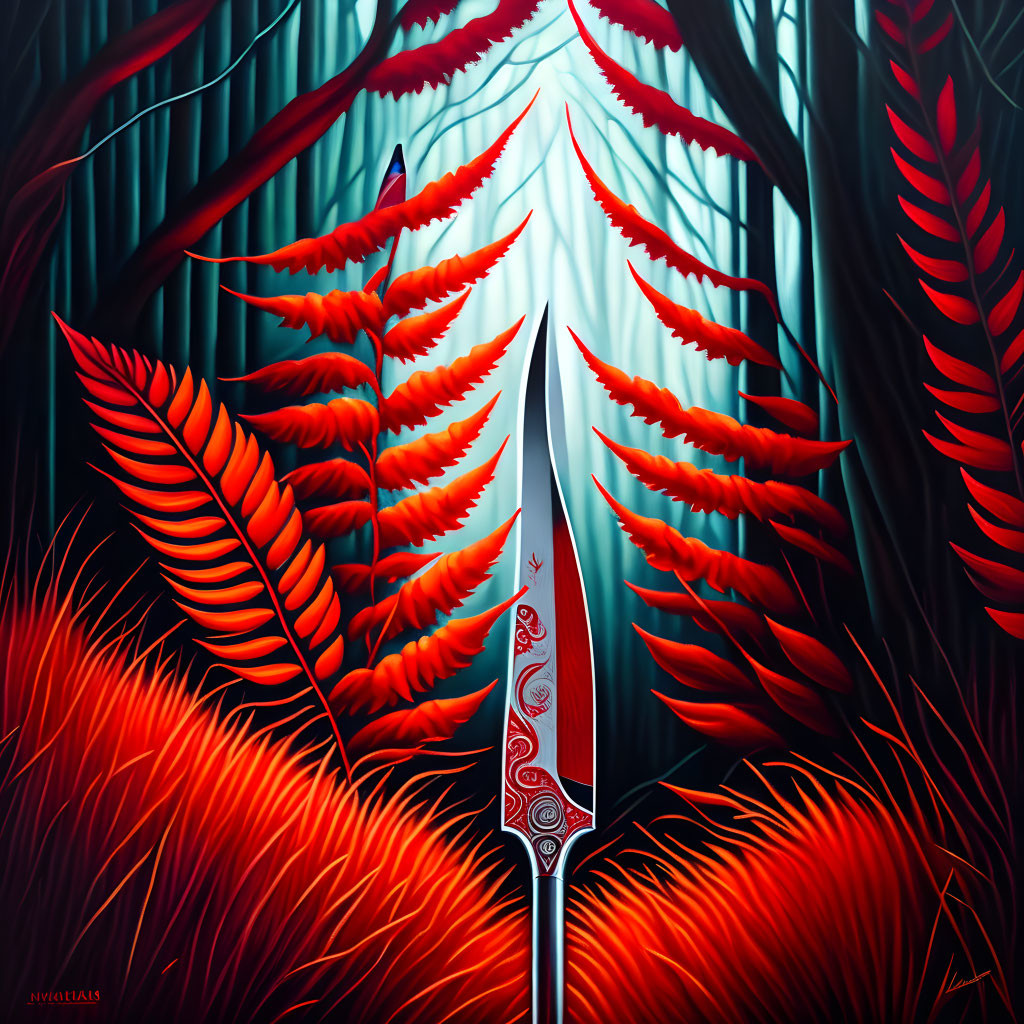 Symmetrical dagger painting in red and green foliage