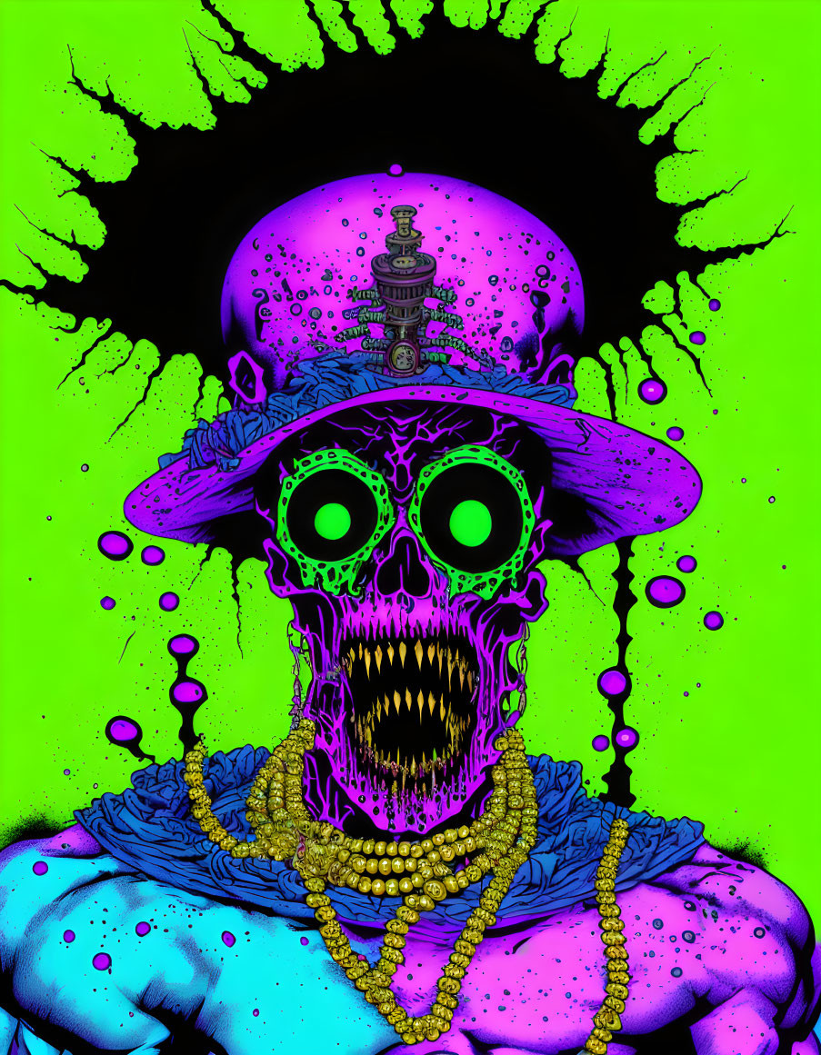 Skull with Green Eyes and Purple Hat on Neon Green Background