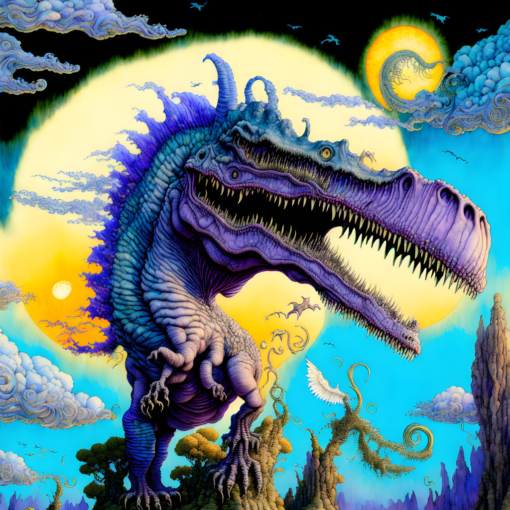 Purple dragon with elongated neck in moonlit landscape