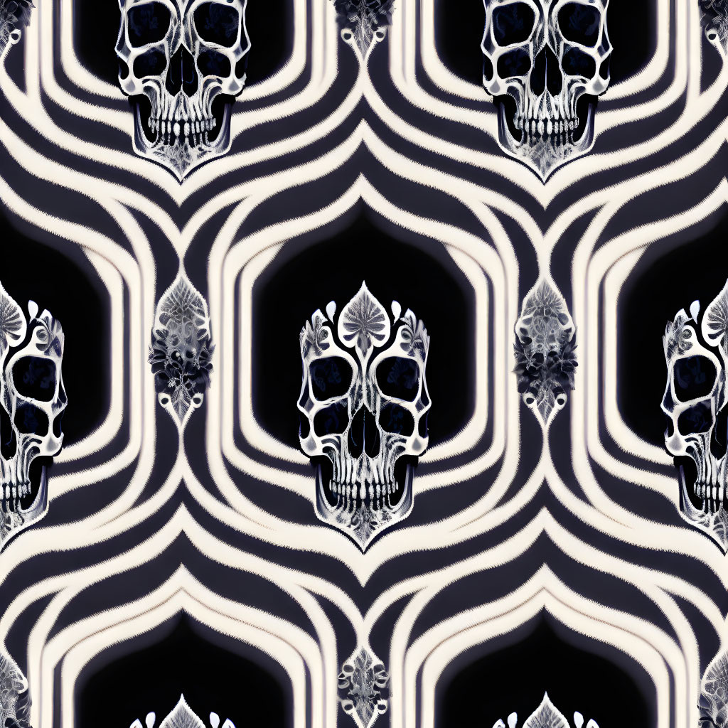 Monochromatic skull pattern with ornate details and 3D optical illusion.