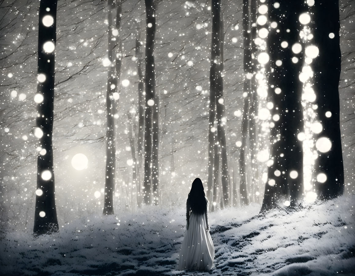 Solitary figure in white dress in snow-covered forest with falling snowflakes