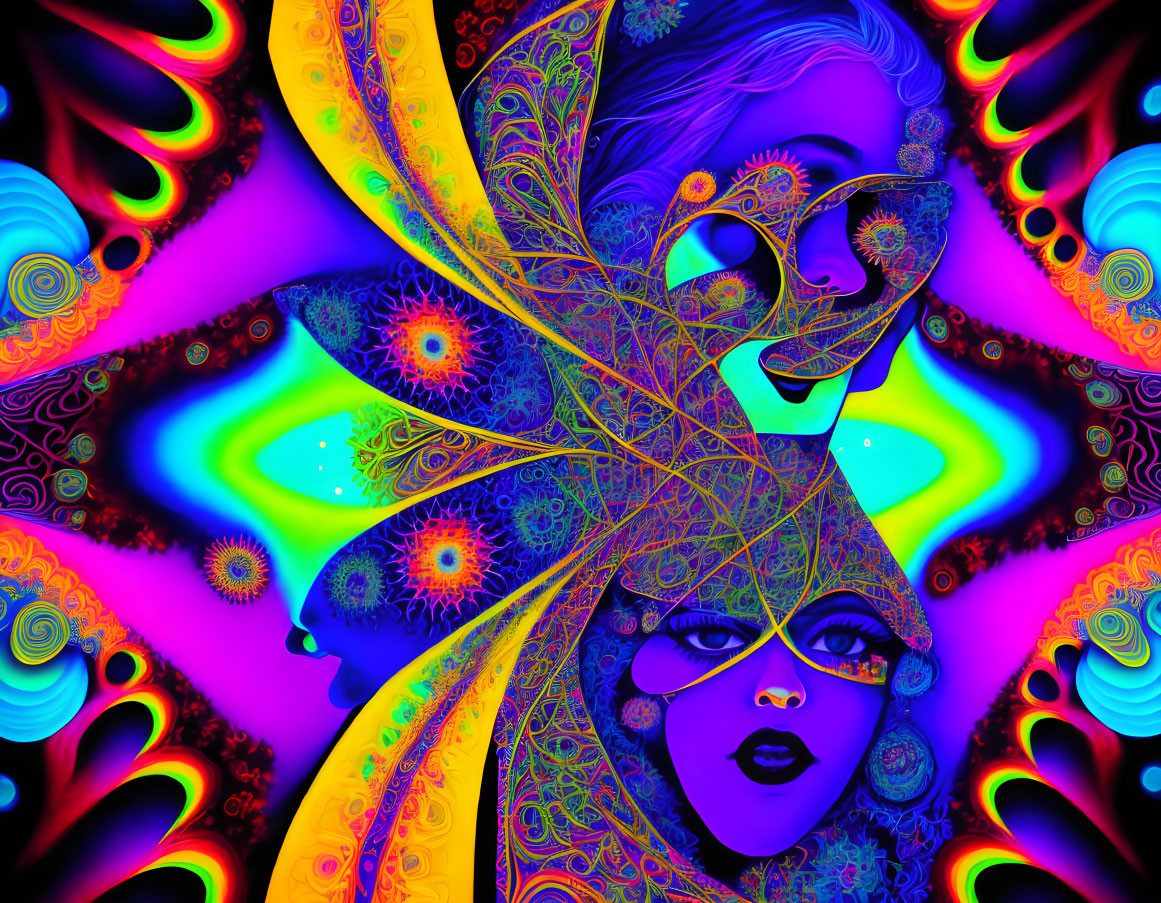 Colorful psychedelic artwork of female figure with butterfly mask