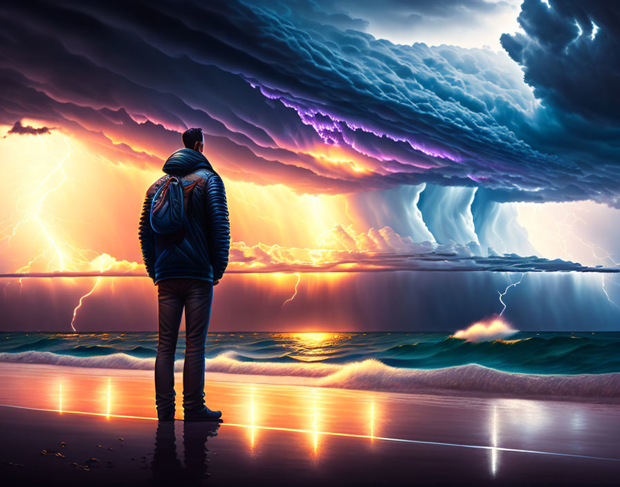 Vibrant storm with intense lightning over ocean viewed from beach