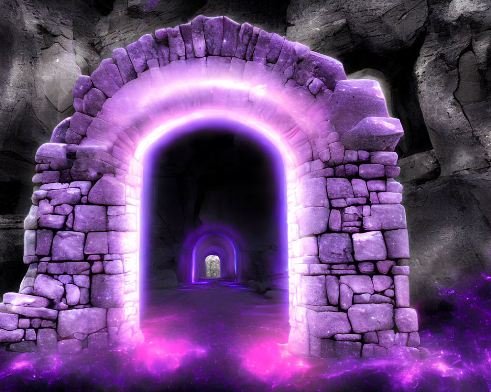 Mystical cave with illuminated stone archway and glowing flora