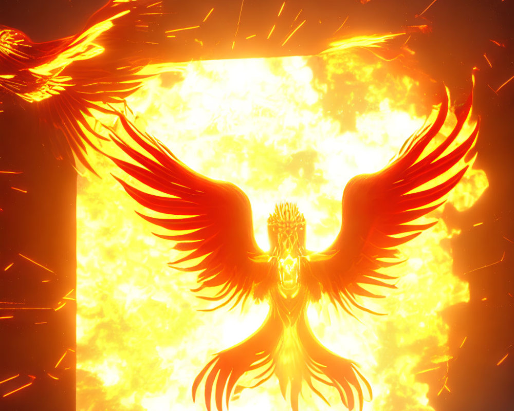 Fiery phoenix with outstretched wings in blazing sun backdrop