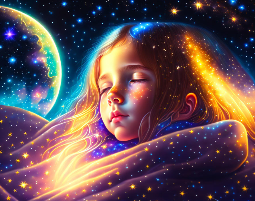 Young girl sleeping under starry blanket with crescent moon and cosmic backdrop.